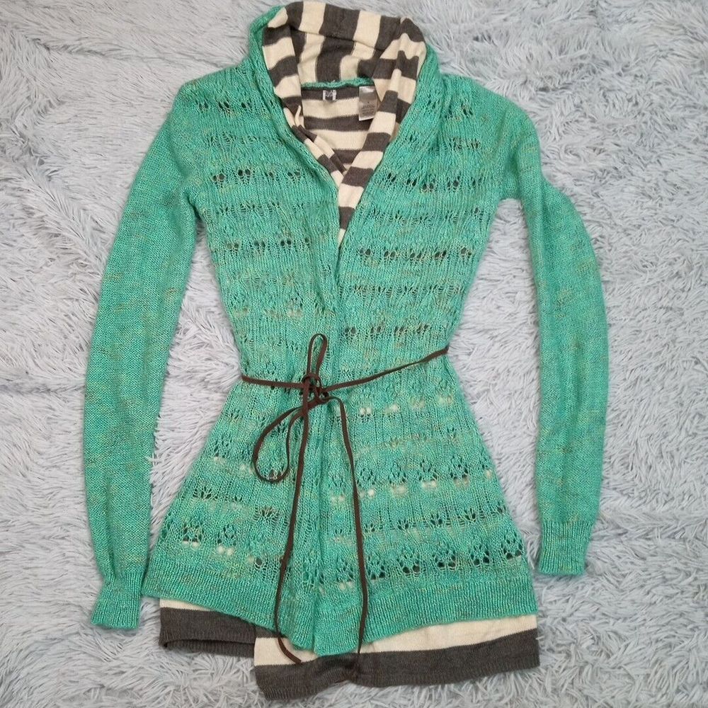 BKE Sweater Womens S Green Cardigan Open Front Belted Casual Cottage Core Cozy